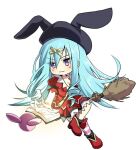  1girl asymmetrical_legwear black_hat blue_hair book breasts broom broom_riding chibi cleavage commentary_request cross_hair_ornament drill_hair drill_sidelocks emil_chronicle_online hair_ornament hat lizrin long_hair long_sidelocks low_drills mismatched_legwear pink_thighhighs purple_eyes rabbit_ear_headwear red_shirt red_shoes red_skirt renet_(eco) shirt shoes sidelocks skirt solo striped_clothes striped_thighhighs thighhighs white_background white_thighhighs 