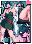  1girl absurdres antenna_hair bare_shoulders belt blush breasts brown_eyes cleavage closed_mouth collar commentary dentedhood dress english_commentary green_dress grin heart highres lab_coat looking_at_viewer medium_breasts multiple_views one_eye_closed parted_lips persona persona_5 red_belt short_hair sitting smile solo spiked_collar spikes takemi_tae 