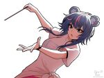  1girl animal_ears artist_name bare_arms bear_ears bear_girl blue_eyes blue_hair commentary conductor_baton english_commentary fujikura_uruka fujikura_uruka_(tombear) highres kluverdesigns multicolored_hair notched_ear open_mouth phase_connect shirt short_hair_with_long_locks short_sleeves simple_background solo streaked_hair t-shirt tied_shirt virtual_youtuber white_background white_shirt wristband 