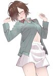  1girl absurdres after_sex blush breasts closed_eyes commission count_military_uniform embarrassed exhausted girls_und_panzer girls_und_panzer_momi_no_ki_to_tetsu_no_hane_no_majo highres jacket kawai_ritsu_(rits_meg) kohiyama_noemi lying open_clothes open_collar open_jacket open_mouth skeb_commission solo steam sweat white_background 