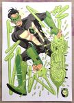  1boy artist_logo artist_name black_bodysuit black_hair bodysuit boots clenched_teeth commentary dc_comics english_commentary eye_mask green_boots green_lantern green_lantern_(series) green_mask hair_slicked_back highres kirby_dots kyle_rayner logo male_focus marker_(medium) mask muscular muscular_male ohnosam photo_(medium) power_ring_(green_lantern) rocket short_hair solo superhero_costume teeth traditional_media western_comics_(style) white_background white_bodysuit 