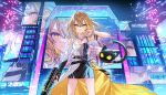  1girl animal blonde_hair brown_hair cat chain cityscape commentary_request cyberpunk fringe_trim gloves glowing glowing_eyes gun hanagata handgun holding idol jacket la_priere long_hair looking_at_viewer natsume_itsuki_(voice_actor) neon_lights night non-humanoid_robot outdoors robot skirt smile solo utaite weapon wide_shot yellow_eyes 