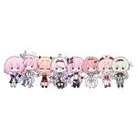  >_o 6+girls aqua_hair black_shorts blue_eyes chibi chibi_only coat color_connection commentary company_connection cyrene_(demiurge)_(honkai:_star_rail) cyrene_(honkai:_star_rail) cyrene_(philia093)_(honkai:_star_rail) denia_(wuthering_waves) dress dual_persona elf elysia_(honkai_impact) elysia_(miss_pink_elf)_(honkai_impact) english_commentary firefly_(honkai:_star_rail) genshin_impact green_skirt grey_hair hair_color_connection hair_ornament hat highres holding_hands honkai:_star_rail honkai_(series) honkai_impact_3rd hyacine_(honkai:_star_rail) inoue_marina linnea_(genshin_impact) linneadoodle long_hair medium_hair mihoyo multicolored_hair multiple_girls one_eye_closed pink_hair pointy_ears purple_coat purple_eyes red_dress red_hat remielle_dan shirt shorts skirt smile twintails two-tone_hair very_long_hair voice_actor_connection white_dress white_shirt white_wings wings wuthering_waves yanning zenless_zone_zero 