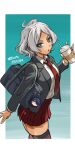 1girl absurdres ahoge artist_name bag black_jacket border character_charm charm_(object) collared_shirt commentary_request cross_tie cup drink drinking_straw green_eyes gundam gundam_suisei_no_majo highres holding holding_cup holding_drink jacket loose_necktie necktie nekomiya_mizuki open_mouth parted_bangs pleated_skirt red_cross_tie red_skirt rouji_chante saliva saliva_trail school_bag school_uniform secelia_dote shirt short_hair skindentation skirt solo thighhighs twitter_username white_border white_hair zettai_ryouiki 