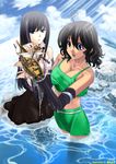  ahoge bad_id bad_pixiv_id black_hair blue_eyes boat breasts cleavage cloud collarbone copyright_request day giantess ious914 large_breasts long_hair medium_breasts miniboy multiple_girls open_mouth short_hair skirt tank_top water watercraft wavy_hair wet 