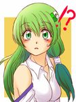  1girl alternate_hairstyle asymmetrical_hair bare_shoulders blush creamy_mamiwo face frog green_eyes green_hair hair_ornament kochiya_sanae long_hair one_eye_closed side_ponytail simple_background solo surprised sweatdrop touhou upper_body wide-eyed 