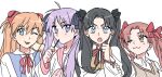  4girls :3 :o :p ;3 ;p blue_eyes bow brown_eyes brown_hair brown_sweater_vest crossover fate/stay_night fate_(series) hair_bow hair_ribbon hairstyle_connection hiiragi_kagami homurabara_academy_school_uniform index_finger_raised interface_headset_(evangelion) long_hair lucky_star multiple_girls neon_genesis_evangelion one_eye_closed open_mouth purple_hair red_bow red_ribbon redmin_0415 ribbon ryouou_school_uniform school_uniform shirai_kuroko souryuu_asuka_langley summer_uniform sweater_vest toaru_majutsu_no_index tohsaka_rin tokiwadai_school_uniform tokyo-3_middle_school_uniform tongue tongue_out twintails two_side_up v-neck 