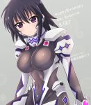  1girl armored_bodysuit ayamine_kei black_bodysuit black_hair bodysuit breasts commentary_request covered_navel fortified_suit fortified_suit_(imperial_royal_guard) highres large_breasts looking_at_viewer mecha_pilot_suit muv-luv muv-luv_alternative purple_eyes short_hair skin_tight solo usuba_kagerou_(shougyouchu) 