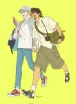  2boys ^_^ alternate_costume bag barnaby_brooks_jr. baseball_cap black_bag blonde_hair blue_hat blue_jacket blush bottle brown_hair brown_shorts camera camera_around_neck closed_eyes collared_shirt commentary_request dated denim duffel_bag glasses green_background green_bag green_eyes green_shoes grin hand_fan handheld_electric_fan hat highres holding holding_fan holding_hands jacket jeans jewelry kaburagi_t._kotetsu korean_commentary looking_at_another low_ponytail male_focus mask mask_pull mouth_mask multiple_boys necklace open_clothes open_jacket pants ponytail red_shoes roqkrcldhkdhk shirt shoes short_hair shorts simple_background smile socks tiger_&amp;_bunny v-shaped_eyebrows walking water_bottle white_mask white_shirt white_socks yaoi 