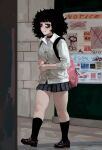  1girl absurdres bags_under_eyes black_choker black_eyes black_hair black_skirt black_socks cardigan casato choker collared_shirt commentary curly_hair ellie_(casato) english_commentary full_body highres long_sleeves original pleated_skirt remote_control_vibrator sex_toy shirt skirt smile socks vibrator white_cardigan white_shirt 