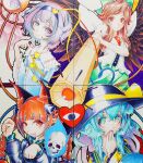  4girls animal_ear_fluff animal_ears arm_cannon bird_wings black_bow black_dress black_hairband black_hat black_wings blouse blue_nails blue_shirt blush bow braid bright_pupils brown_hair buttons cape cat_ears chest_eye closed_mouth commentary_request control_rod_(touhou) covering_own_mouth diamond_button disembodied_linked_eye dot_nose dress extra_ears eyeball fang finger_to_own_chin fire flaming_skull floating_skull frilled_shirt_collar frilled_sleeves frills green_bow green_eyes green_hair green_skirt hair_bow hair_ornament hairband hand_up hat hat_bow hat_ribbon heart heart_button heart_hair_ornament heart_of_string highres kaenbyou_rin komeiji_family_(touhou) komeiji_koishi komeiji_satori long_hair long_sleeves looking_at_viewer multiple_girls nail_polish open_mouth paw_pose photo_(medium) pink_eyes pink_hair purple_nails red_eyes red_hair reiuji_utsuho ribbon ribbon-trimmed_collar ribbon_trim sek-it shikishi shirt short_hair short_sleeves siblings simple_background sisters skin_fang skirt skull slit_pupils smile split_mouth third_eye touhou traditional_media twin_braids two-sided_cape two-sided_fabric upper_body weapon white_background wide_sleeves wings yellow_bow yellow_pupils yellow_ribbon yellow_shirt 