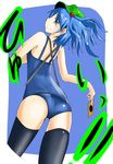  alternate_costume bad_id bad_pixiv_id bare_shoulders blue_eyes blue_hair from_behind hair_bobbles hair_ornament hat highres kawashiro_nitori ku-ba one-piece_swimsuit profile school_swimsuit short_hair smile solo swimsuit thighhighs touhou two_side_up 