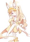  1girl absurdres animal_ear_fluff animal_ears barefoot blonde_hair blue_archive commentary covering_crotch covering_privates cross_halo feet fox_ears fox_girl fox_tail hair_over_one_eye halo hand_on_own_knee highleg highleg_one-piece_swimsuit highres jacket kayoko0914 knees_together_feet_apart legs long_hair looking_at_viewer off_shoulder one-piece_swimsuit seia_(blue_archive) seia_(swimsuit)_(blue_archive) side_ponytail sitting smile solo swimsuit tail toes visor_cap white_one-piece_swimsuit yellow_eyes yellow_halo yellow_jacket yellow_visor_cap 
