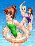  ball beachball blonde_hair blue_eyes brown_eyes brown_hair glasses green_eyes innertube long_hair multiple_girls nyo one-piece_swimsuit ponytail short_hair swimsuit 