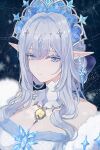 1girl anastasya_feodorovna_snezhnaya blue_eyes breasts chest_markings chronosanctuary cleavage closed_mouth commentary_request cross cross_earrings detached_collar earrings fur_trim gem genshin_impact grey_hair hair_intakes highres jewelry kokoshnik large_breasts looking_ahead pointy_ears sidelocks snowflake_pupils solo star_(sky) starry_sky_background upper_body yellow_gem 