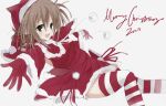  1girl :d absurdres alternate_costume aqua_eyes blush brown_hair capelet christmas commentary dated dizzy_(nadecola9) dress dutch_angle fang feet_out_of_frame fur-trimmed_capelet fur-trimmed_dress fur-trimmed_gloves fur-trimmed_headwear fur-trimmed_sleeves fur_trim gloves hair_between_eyes hat highres long_sleeves looking_at_viewer lying medium_hair merry_christmas on_back open_mouth outstretched_arms outstretched_hand pom_pom_(clothes) red_capelet red_dress red_gloves red_hat santa_costume santa_dress santa_hat short_dress simple_background sketch skin_fang smile solo striped_clothes striped_thighhighs subarashiki_hibi tachibana_kimika thighhighs white_background wide_sleeves zettai_ryouiki 