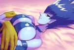  1girl arms_under_breasts blue_hair blue_skin breasts claws closed_mouth colored_skin commentary duel_monster english_commentary feathered_wings green_eyes harpie_lady_3 harpy highres klaymoor large_breasts looking_at_viewer monster_girl pointy_ears smile solo spiked_hair winged_arms wings yu-gi-oh! 