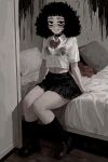  1girl absurdres bags_under_eyes black_bra black_eyes black_hair black_skirt black_socks bow bowtie bra bra_visible_through_clothes casato commentary english_commentary full_body highres indoors on_bed original pleated_skirt red_bow school_uniform see-through_clothes see-through_shirt shirt sitting skirt smile socks solo underwear wet wet_clothes white_shirt 