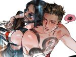  2boys back-to-back beard black_hair brown_hair chest_tattoo commentary cyberpunk cyberpunk_(series) cyberpunk_2077 earrings facial_hair highres jewelry johnny_silverhand male_focus mechanical_arms multiple_boys qingxingua94891 short_hair simple_background single_mechanical_arm speech_bubble sunglasses tattoo topless_male v_(cyberpunk) vincent_(cyberpunk) white_background 