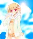  bad_id bad_pixiv_id bikini blonde_hair bottle day hood hood_down hoodie jacket kuon_itsuki lens_flare original red_eyes short_hair solo spill striped striped_bikini swimsuit twintails 