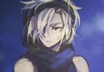  1boy bandana black_bandana black_shirt blonde_hair blue_background closed_mouth commentary_request hair_over_one_eye kiharatta male_focus messy_hair official_alternate_color one_eye_covered orange_eyes portrait sekaiju_no_meikyuu sekaiju_no_meikyuu_3 serious shirt short_hair sketch sleeveless sleeveless_shirt solo warrior_(sekaiju) warrior_3_(sekaiju) 