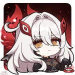  1girl black_hands bodystocking breasts chibi chibi_only closed_mouth colored_extremities commentary_request cropped_torso dot_nose eye_hair_ornament flower-shaped_pupils frown genshin_impact gradient_background hair_between_eyes hair_intakes hand_on_own_cheek hand_on_own_face jiu_fanglianhua large_breasts long_hair looking_at_viewer pressing_button red_background red_button red_wings ronova_(genshin_impact) see-through_cleavage see-through_clothes side_ahoge simple_background solo symbol-shaped_pupils white_hair wings yellow_eyes 