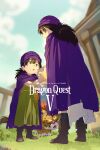  2boys aged_down black_hair blue_sky blurry blurry_background boots borongo bracelet brown_boots cape cloak cloud cloudy_sky commentary_request copyright_name dragon_quest dragon_quest_v dual_persona echo_(circa) grass great_sabrecub green_tunic hero_(dq5) holding holding_orb jewelry long_hair looking_at_another low_ponytail male_focus multiple_boys open_mouth orb ponytail purple_cape purple_cloak purple_turban rope_belt sky standing tunic turban white_tunic 