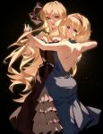  2girls alice_margatroid alternate_costume back backless_dress backless_outfit black_background black_dress blonde_hair blue_dress blue_eyes bow closed_mouth commentary_request dancing dress evening_gown hair_bow hairband highres kirisame_marisa long_hair multiple_girls nymphus open_mouth red_hairband short_hair smile touhou yuri 