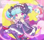  1girl black_bow black_dress black_hairband black_shoes black_thighhighs blue_hair bow cloud commentary_request doll dress dress_bow foot_out_of_frame frilled_dress frilled_hairband frilled_wristband frills hagoromo hair_bow hairband hands_up heart holding holding_microphone layered_dress looking_at_viewer mary_janes microphone official_style on_crescent parted_lips pimyuhuwa pink_hair puyopuyo puyopuyo_quest shawl shoes short_twintails solo sparkle star_(symbol) string striped_clothes striped_thighhighs tassel thighhighs twintails twitter_username vertical-striped_clothes vertical-striped_thighhighs xianghua_(heart-racing)_(puyopuyo) xianghua_(puyopuyo) 