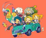  2girls 3boys alchemist_(sekaiju) alchemist_4_(sekaiju) bard_(sekaiju) bard_3_(sekaiju) blonde_hair blue_hair braid car chibi chibi_only cloak closed_eyes commentary_request constricted_pupils creature dark-skinned_male dark_hunter_(sekaiju) dark_hunter_3 dark_skin driving fur-trimmed_jacket fur_trim gauntlets giant_moa_(sekaiju) green_cloak green_eyes grid_teeth grin half-closed_eyes hari_nezumi_(sekaiju) hedgehog hikkaki_mogura_(sekaiju) jacket mandrake_(sekaiju) medic_(sekaiju) medic_4_(sekaiju) moa_(animal) motimamire motor_vehicle multiple_boys multiple_girls open_mouth orange_background red_eyes red_jacket sekaiju_no_meikyuu sekaiju_no_meikyuu_2 short_hair simple_background single_braid smile sweat swordsman_(sekaiju) swordsman_1_(sekaiju) teeth upper_teeth_only w 
