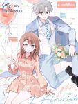  1boy 1girl balloon black_shoes blue_jacket blue_pants blush bouquet braid breasts brown_hair character_name closed_mouth clover clover_earrings collared_dress collared_shirt commentary commission commissioner_insert curtained_hair dress dress_shirt earrings english_text floral_print floral_print_dress floral_print_necktie flower formal_clothes grey_eyes grey_hair grey_shirt grid_background hair_behind_ear hair_flower hair_ornament hanasato_minori heart_balloon highres holding holding_balloon holding_bouquet jacket jacket_on_shoulders jewelry knee_up long_sleeves looking_at_viewer medium_breasts medium_hair mole mole_under_eye necktie o333333o oc_x_canon orange_dress original pants print_dress project_sekai second-party_source shirt shoes short_hair side_braid single_sidelock sitting smile suit suit_jacket vest white_vest 