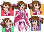 1girl :< :3 :t a_hat_in_time beatrice_(re:zero) beatrice_(re:zero)_(cosplay) blue_eyes blush brown_hair capelet child closed_eyes closed_mouth commentary commission cosplay crossed_arms crown dress drill_hair english_commentary fur-trimmed_capelet fur_trim hair_ribbon half-closed_eye hand_on_own_hip hand_up hat_kid heart heart_hands highres holding_own_dress index_fingers_together joxhua21 long_hair mesugaki_pose mini_crown multiple_views neck_ribbon one_eye_closed open_mouth pink_capelet pink_dress pink_ribbon pink_shoes pink_thighhighs re:zero_kara_hajimeru_isekai_seikatsu ribbon shoes sidelocks smug standing striped_clothes striped_thighhighs teeth thighhighs twin_drills twintails upper_teeth_only 