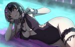  1girl absurdres adjusting_clothes adjusting_swimsuit black_hair black_one-piece_swimsuit breasts casual_one-piece_swimsuit cleavage closed_mouth commentary covered_navel daydarion english_commentary eyewear_on_head eyewear_on_headwear frilled_one-piece_swimsuit frilled_thigh_strap frills grey_hair highres hololive hololive_dreams hololive_english inflatable_raft large_breasts long_hair looking_at_viewer lying multicolored_hair official_alternate_costume on_side one-piece_swimsuit pool purple-tinted_eyewear shiori_novella shiori_novella_(archived_night_pool) smile solo split-color_hair swimsuit thigh_strap tinted_eyewear virtual_youtuber yellow_eyes 