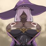  1girl absurdres breasts cleavage commentary_request dark-skinned_female dark_skin dla741741 elden_ring elden_ring_nightreign facing_viewer hair_over_eyes hat highres huge_breasts korean_commentary large_hat long_hair purple_hat purple_sleeves recluse_(elden_ring) ring_light_reflection skindentation solo very_dark_skin white_hair witch_hat 
