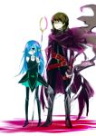  1boy 1girl belt belt_buckle black_pants blue_hair brown_hair buckle cloak coat colored_skin commentary_request dress full_body green_dress hair_over_one_eye holding holding_staff leg_belt long_hair looking_ahead mystic_(sekaiju) mystic_4_(sekaiju) night_seeker_(sekaiju) night_seeker_3_(sekaiju) one_eye_covered pants pointy_ears purple_cloak purple_coat red_belt ruiko_(sad) sekaiju_no_meikyuu sekaiju_no_meikyuu_4 sketch staff standing white_skin 