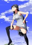  black_hair black_legwear blue_eyes breasts dress hairband hand_on_hip high_heels kemu_(guruguru_dan) kumashiro_maya large_breasts legs long_hair panties pantyshot seikimatsu_occult_gakuin shoes skindentation solo thighhighs underwear very_long_hair 