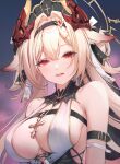  1girl absurdres animal_ears arm_strap bare_shoulders black_hairband blonde_hair breasts character_request check_clothing chest_harness chinese_commentary cleavage_cutout clothing_cutout clothing_request commentary_request copyright_request from_below grey_background hair_intakes hairband harness headwear_request highres large_breasts long_hair looking_at_viewer open_mouth q18607 red_eyes shirt simple_background sleeveless sleeveless_shirt solo upper_body white_shirt 