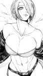  1girl absurdres angel_(kof) blush breasts broad_shoulders cleavage close-up collarbone commentary_request confident crop_top flashing greyscale grin hair_over_one_eye highres jacket large_breasts legs_together linea_alba looking_at_viewer monochrome navel nose one_eye_covered panties short_hair smile solo stomach susudango swept_bangs the_king_of_fighters toned toned_female underwear 