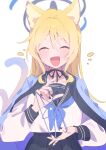  1girl :d ^_^ animal_ear_fluff animal_ears black_nails blonde_hair blue_archive blue_halo blue_haori cat's_cradle cat_ears cat_girl closed_eyes commentary_request cosplay facing_viewer gradient_tail hair_between_eyes halo haori highres japanese_clothes kemonomimi_mode kikyou_(blue_archive) kikyou_(blue_archive)_(cosplay) komatsu_mikako long_hair long_sleeves magia_record:_mahou_shoujo_madoka_magica_gaiden mahou_shoujo_madoka_magica multiple_tails nail_polish neckerchief open_mouth sailor_collar school_uniform serafuku serizawa_serizane shirt simple_background smile solo tail togame_momoko two_tails voice_actor_connection white_background white_shirt 