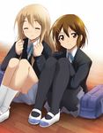  bag blonde_hair brown_eyes brown_hair clenched_hands closed_eyes hair_ornament hairclip hirasawa_yui k-on! kaiga kotobuki_tsumugi leg_hug legs_together long_hair multiple_girls pantyhose ribbon school_uniform shoes short_hair sitting skirt smile socks uwabaki white_legwear 