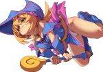  1girl bare_shoulders blonde_hair blue_boots blue_dress blue_hat blush boots breasts capelet cleavage commentary_request dark_magician_girl detached_sleeves dress duel_monster fang fu-ta green_eyes hat knee_boots large_breasts long_hair panties pink_capelet pink_skirt pink_trim skirt smile smug solo staff underwear wand white_panties wizard_hat yu-gi-oh! 