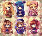  armband beatrice black_legwear blonde_hair blue_eyes blue_hair blush bow brown_hair bug butterfly chibi chocolat_(momoiro_piano) choker dress elbow_gloves eva_beatrice flower formal frederica_bernkastel frills gloves hair_bobbles hair_flower hair_ornament hat insect lambdadelta long_hair multiple_girls pink_hat pleated_skirt purple_eyes purple_flower purple_rose red_flower red_hair red_rose ribbon rose short_hair skirt staff thighhighs twintails umineko_no_naku_koro_ni ushiromiya_ange ushiromiya_maria yellow_eyes zettai_ryouiki 