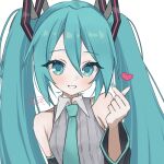  1girl aqua_eyes aqua_hair aqua_nails aqua_necktie aqua_trim bare_shoulders black_sleeves blush breasts collar commentary detached_sleeves dot_nose finger_heart fingernails grey_shirt grin hair_between_eyes hair_ornament hand_up hatsune_miku hatsune_miku_(vocaloid6) heart heart_hair_ornament highres long_hair looking_at_viewer nail_polish necktie nekoma_mimu shirt signature simple_background sleeveless sleeveless_shirt small_breasts smile solo striped_clothes striped_shirt twintails untranslatable_commentary upper_body vertical-striped_clothes vertical-striped_shirt very_long_hair vocaloid white_background white_collar wing_collar 