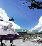  5boys ah-64_apache aircraft airplane car cloud condensation_trail day f-35_lightning_ii fighter_jet ground_vehicle helicopter highres jet military military_vehicle motor_vehicle multiple_boys multiple_girls original shin-chan_(k1shinno) shopping 