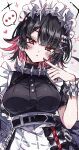  ... 1girl apron asymmetrical_sidelocks belt black_belt black_bow black_dress black_hair blush bow breasts closed_mouth collar colored_inner_hair dress ellen_joe finger_to_cheek frilled_apron frilled_wrist_cuffs frills hair_ornament hairband hairclip heart highres large_breasts looking_at_viewer maid_headdress metal_collar metal_hairband mole mole_on_arm multicolored_hair multiple_piercings red_eyes red_nails short_hair sidelocks solo sparkle speech_bubble spiked_collar spiked_cuffs spiked_hairband spikes upper_body usa_(usagi_minku) white_apron white_background white_headdress wrist_cuffs zenless_zone_zero 