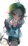  1girl absurdres ahoge blush collarbone cropped_legs elf green_hair green_shorts grey_cloak highres leaning_forward long_pointy_ears looking_at_viewer mushoku_tensei open_mouth pointy_ears ranoa_magic_academy_school_uniform red_eyes school_uniform secondhand9280 short_hair shorts sidelocks simple_background smile solo sylphiette_(mushoku_tensei) thighs white_background 