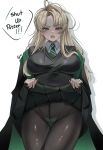  1girl absurdres ayrinsama black_nails black_pantyhose blonde_hair blush breasts cloak clothes_lift collared_shirt commentary curtained_hair diagonal-striped_clothes diagonal-striped_necktie draco_malfoy draco_malfoy_(redteneri) earrings genderswap genderswap_(mtf) green_cloak green_eyes green_necktie green_panties green_skirt green_sweater_vest harry_potter_(series) highleg highleg_panties highres jewelry long_hair necktie open_mouth panties panties_under_pantyhose pantyhose pleated_skirt shirt skirt skirt_lift solo striped_clothes striped_necktie sweater_vest underwear white_shirt wizarding_world 