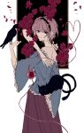 2girls animal bird black_bird black_cat black_hairband blouse blue_shirt cat commentary_request crow disembodied_linked_eye dot_nose dubiansuhai eyeball falling_petals feet_out_of_frame flower frilled_shirt_collar frilled_sleeves frills green_eyes hair_ornament hairband hand_up heart heart_hair_ornament heart_of_string highres holding holding_animal hug kaenbyou_rin kaenbyou_rin_(cat) komeiji_family_(touhou) komeiji_koishi komeiji_satori long_sleeves looking_at_viewer looking_back multiple_girls multiple_tails nekomata petals pink_hair pink_skirt red_eyes reiuji_utsuho reiuji_utsuho_(bird) rose rose_petals shirt short_hair siblings simple_background sisters skirt smile solo_focus standing tail touhou two_tails white_background wide_sleeves 
