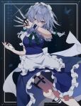 1girl absurdres apron back_bow belt between_fingers blue_dress blue_eyes blue_wrist_cuffs bow braid collared_shirt commentary_request dress frilled_wrist_cuffs frills glint green_bow green_ribbon grey_hair hair_between_eyes hair_bow highres holding holding_knife holding_pocket_watch inset_border izayoi_sakuya knife knives_between_fingers leg_up long_hair looking_at_viewer maid maid_headdress neck_ribbon outside_border pinafore_dress pocket_watch puffy_short_sleeves puffy_sleeves ribbon samon_(vxxr8575) shirt short_sleeves sleeveless sleeveless_dress socks solo thigh_belt thigh_sheath thigh_strap touhou twin_braids waist_apron watch white_apron white_bow white_shirt white_socks wrist_cuffs 