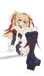  1girl absurdres animal_print ass bare_shoulders bat_print black_boots black_shirt blonde_hair boots breasts claret_flint closed_mouth collarbone commentary crossed_legs detached_sleeves hair_intakes hair_ornament hair_ribbon high_heel_boots high_heels highres knees_up large_breasts long_hair looking_at_viewer multicolored_hair pale_colors print_thighhighs red_eyes red_ribbon red_streaks ribbon shirt shoulder_bow simple_background sitting solo sphere_hair_ornament streaked_hair thighhighs twintails untranslatable_commentary white_background yuan_zhen zenless_zone_zero 